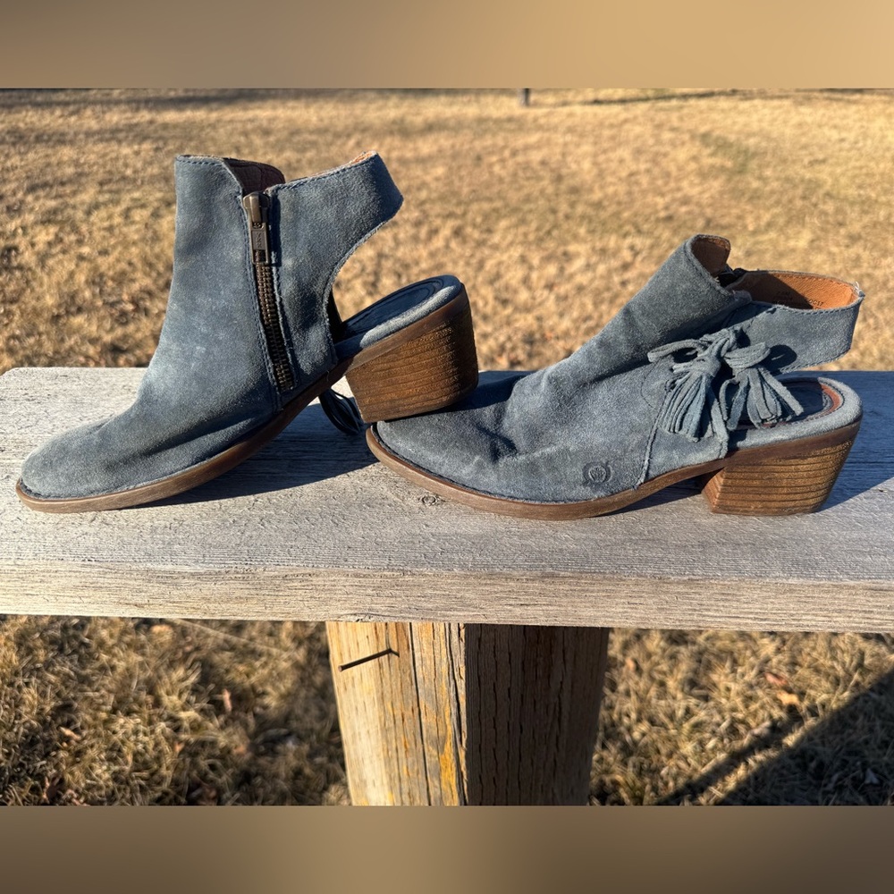 Born Blue Suede Monikah Slingback Booties w Tassel, Women’s 7.5